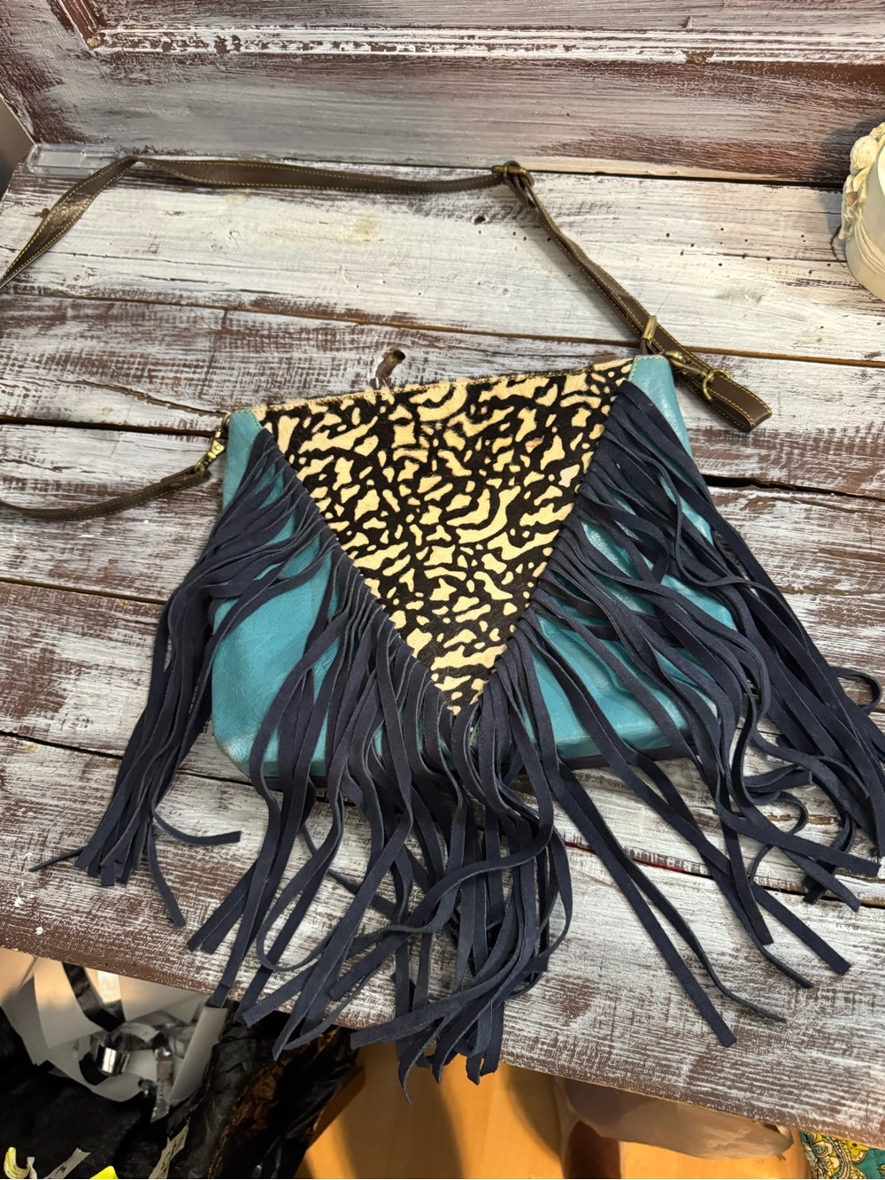 Fringe Crossbody Bag in Teal with Animal-Print Accent